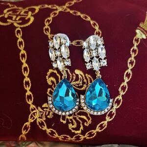 Vintage Teal Blue Rhinestone Drop Earrings